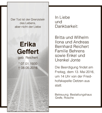Traueranzeige von Erika Geffert von Uelzen