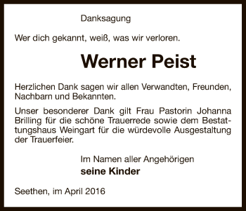 Traueranzeige von Werner Peist von Uelzen