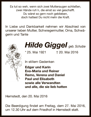 Traueranzeige von Hilde Giggel von Uelzen