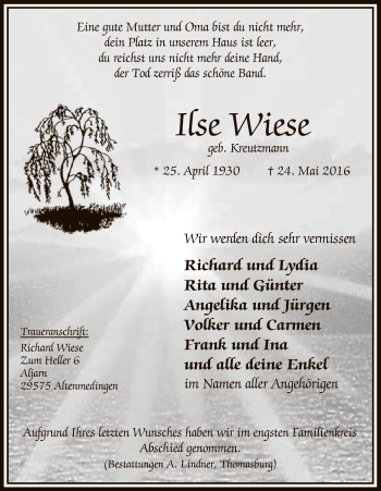 Traueranzeige von Ilse Wiese von Uelzen