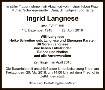 Traueranzeige von Ingrid Langnese von Uelzen