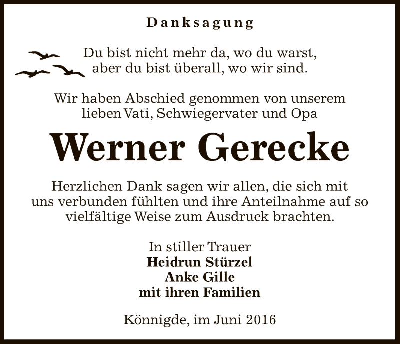  Traueranzeige für Werner Gerecke vom 17.06.2016 aus Uelzen