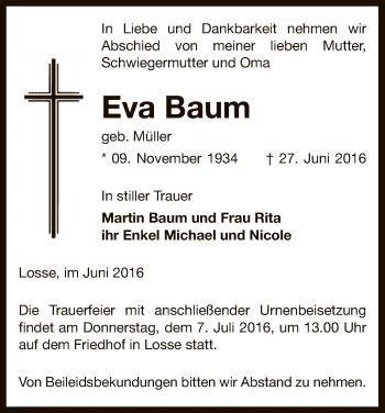 Traueranzeige von Eva Baum von Uelzen