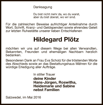 Traueranzeige von Hildegard Plötz von Uelzen