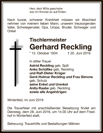 Traueranzeige von Gerhard Reckling von Uelzen