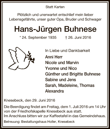 Traueranzeige von Hans-Jürgen Buhnese von Uelzen
