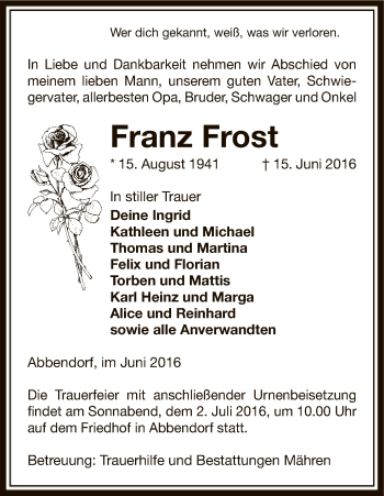 Traueranzeige von Franz Frost von Uelzen