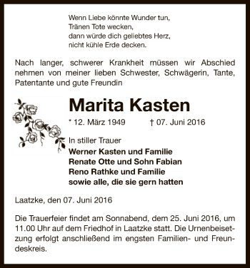 Traueranzeige von Marita Kasten von Uelzen