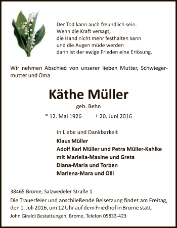 Traueranzeige von Käthe Müller von Uelzen