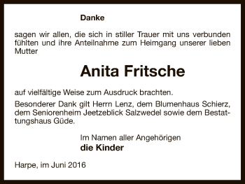 Traueranzeige von Anita Fritsche von Uelzen