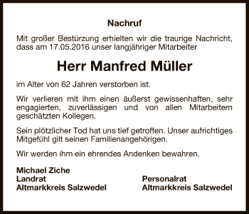Traueranzeige von Manfred Müller von Uelzen