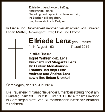 Traueranzeige von Elfriede Lenz von Uelzen