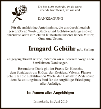 Traueranzeige von Irmgard Gebühr von Uelzen