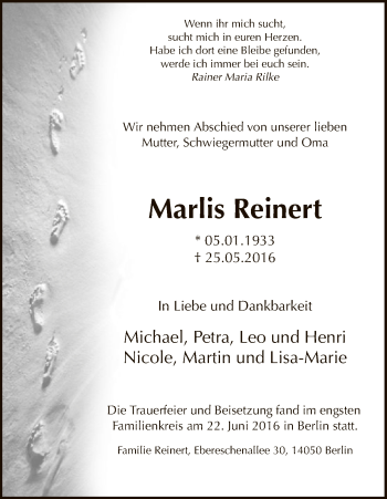 Traueranzeige von Marlis Reinert von Uelzen