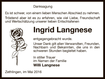 Traueranzeige von Ingrid Langnese von Uelzen