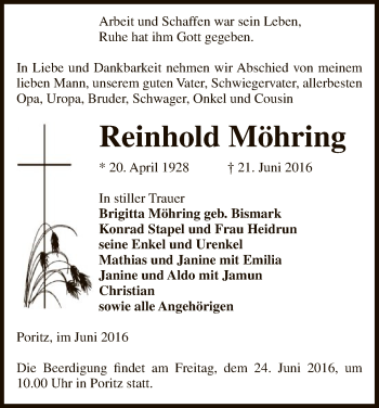 Traueranzeige von Reinhold Möhring von Uelzen