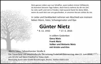 Traueranzeige von Günter Nietz von Uelzen