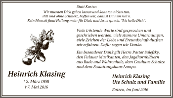 Traueranzeige von Heinrich Klasing von Uelzen