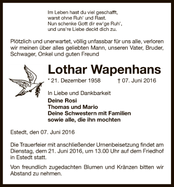 Traueranzeige von Lothar Wapenhans von Uelzen