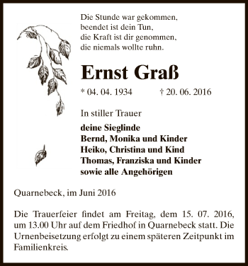 Traueranzeige von Ernst Graß von Uelzen