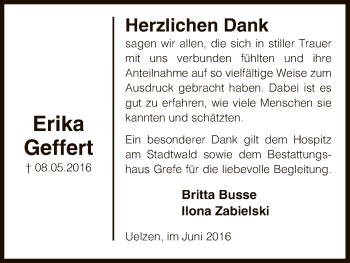 Traueranzeige von Erika Geffert von Uelzen
