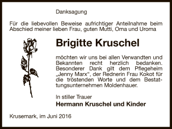 Traueranzeige von Brigitte Kruschel von Uelzen