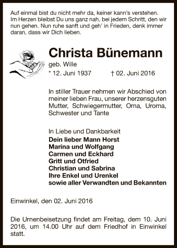 Traueranzeige von Christa Bünemann von Uelzen