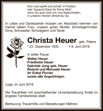 Traueranzeige von Christa Heuer von Uelzen