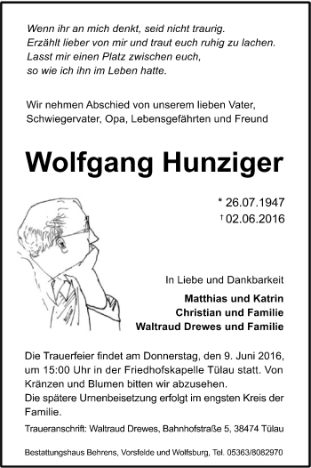 Traueranzeige von Wolfgang Hunziger von Uelzen