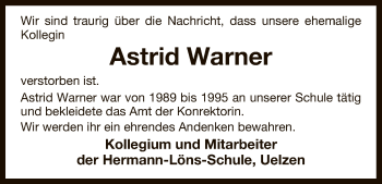 Traueranzeige von Astrid Warner von Uelzen