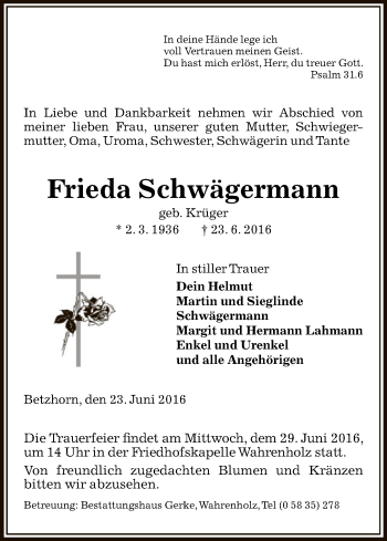 Traueranzeige von Frieda Schwägermann von Uelzen