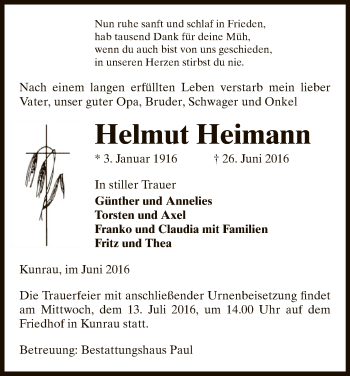 Traueranzeige von Helmut Heimann von Uelzen