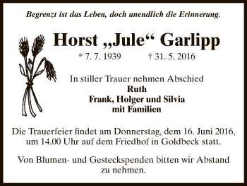 Traueranzeige von Horst  Garlipp von Uelzen