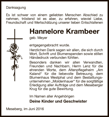 Traueranzeige von Hannelore Krambeer von Uelzen