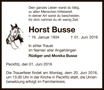 Traueranzeige von Horst Busse von Uelzen