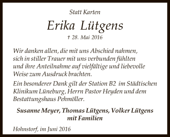 Traueranzeige von Erika Lütgens von Uelzen