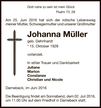 Traueranzeige von Johanna Müller von Uelzen