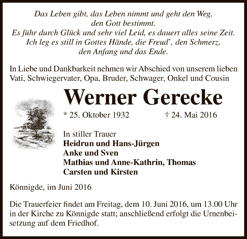  Traueranzeige für Werner Gerecke vom 03.06.2016 aus Uelzen