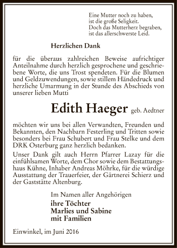 Traueranzeige von Edith Haeger von Uelzen