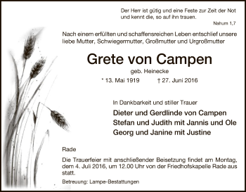 Traueranzeige von Grete von Campen von Uelzen