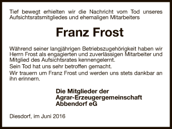 Traueranzeige von Franz Frost von Uelzen