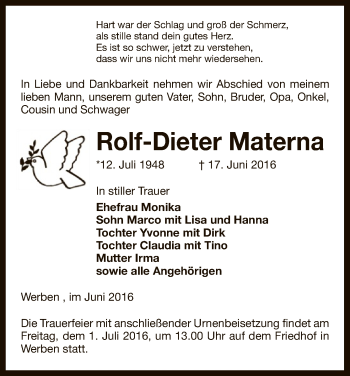 Traueranzeige von Rolf-Dieter Materna von Uelzen