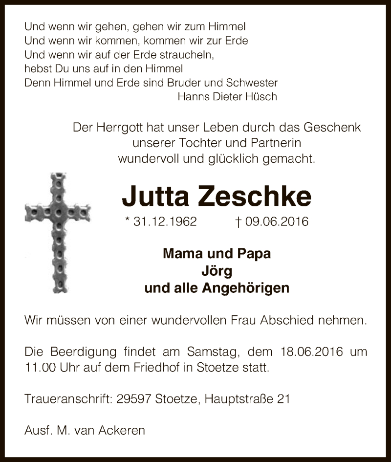  Traueranzeige für Jutta Zeschke vom 15.06.2016 aus Uelzen