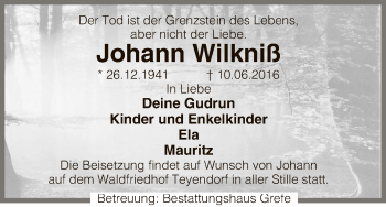 Traueranzeige von Johann Wilkniß von Uelzen