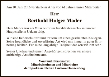 Traueranzeige von Berthold Holger Mader von Uelzen