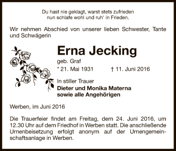 Traueranzeige von Erna Jecking von Uelzen