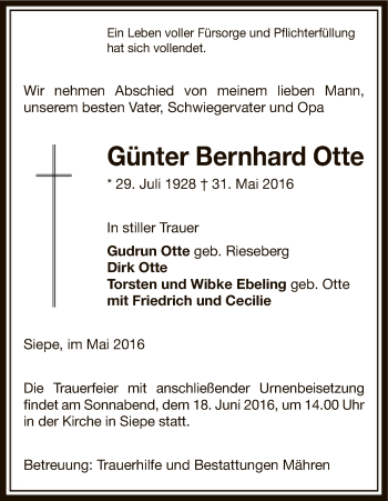 Traueranzeige von Günter Bernhard Otte von Uelzen