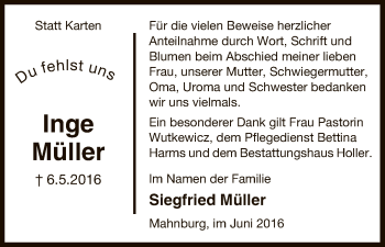 Traueranzeige von Inge Müller von Uelzen