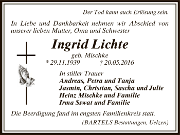 Traueranzeige von Ingrid Lichte von Uelzen