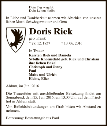 Traueranzeige von Doris Riek von Uelzen